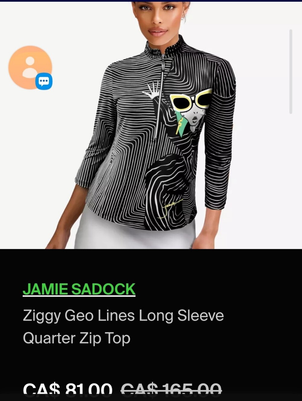 Jamie Sadock Black & White Ziggy Geo Lines Quarter Zip Top